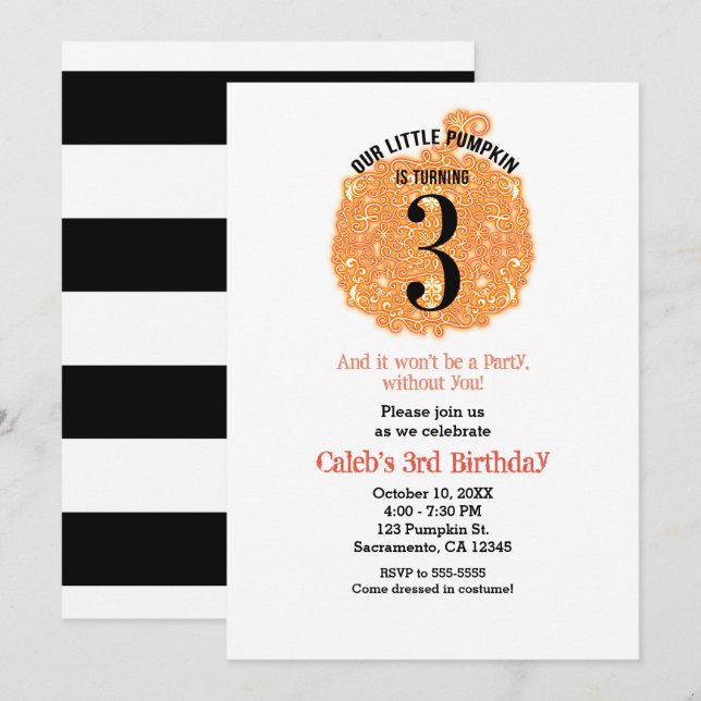 Invitation Notre Petit Citrouille TROIS 3e fête d'anniversair (Devant / Derrière)