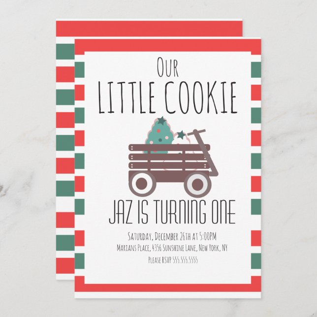 Invitation Notre Petit Cookie Noël Premier Anniversaire Wagon (Devant / Derrière)