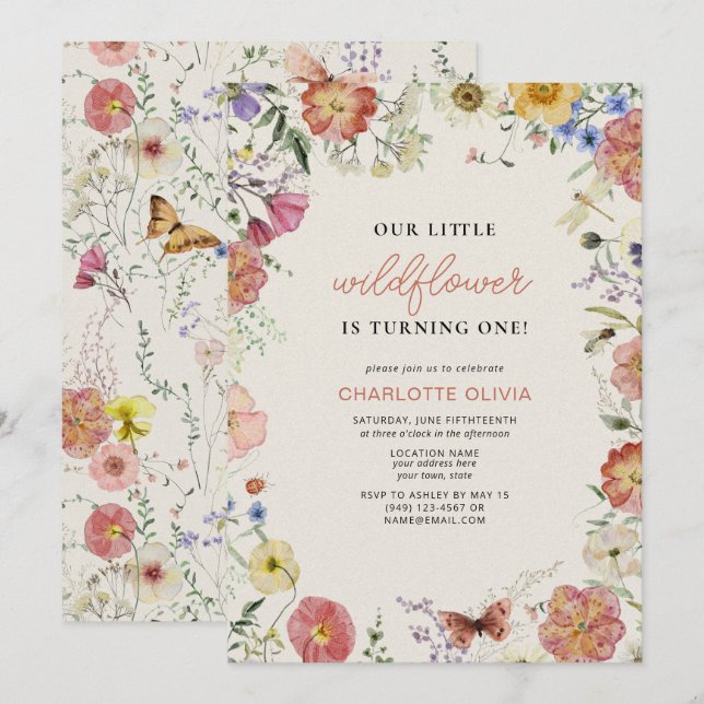 Invitation Notre Petit Fleur sauvage 1er anniversaire Fleurs  (Devant / Derrière)