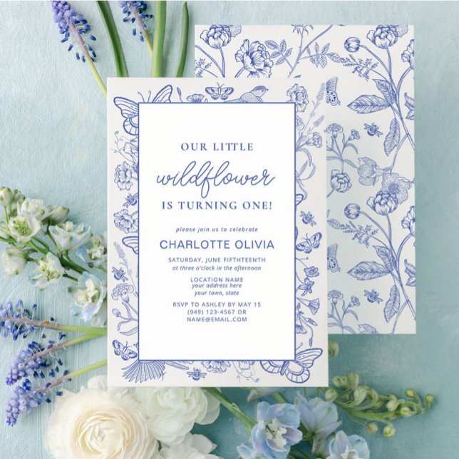 Invitation Notre petit Fleur sauvage 1er anniversaire Françai (Easily personalize this sweet baby's first birthday invitation with your unique details.)