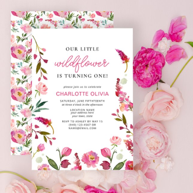 Invitation Notre petit Fleur sauvage 1er anniversaire Pink Fl (1st Birthday Invitation)