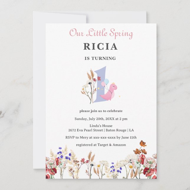 Invitation Notre petit Fleur sauvage de printemps 1er anniver (Devant)