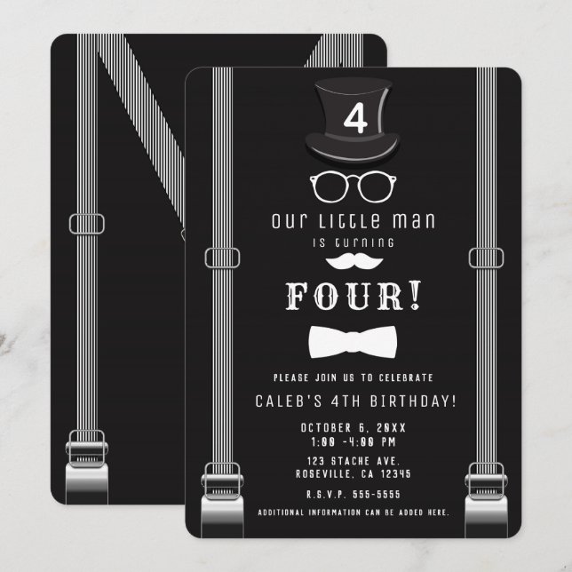 Invitation Notre petit homme hipster Suspendants fête d'anniv (Devant / Derrière)