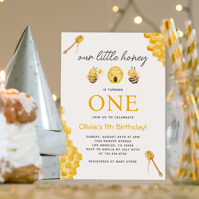 Invitation Notre Petit Miel Bee Moderne 1er anniversaire (Créateur téléchargé)