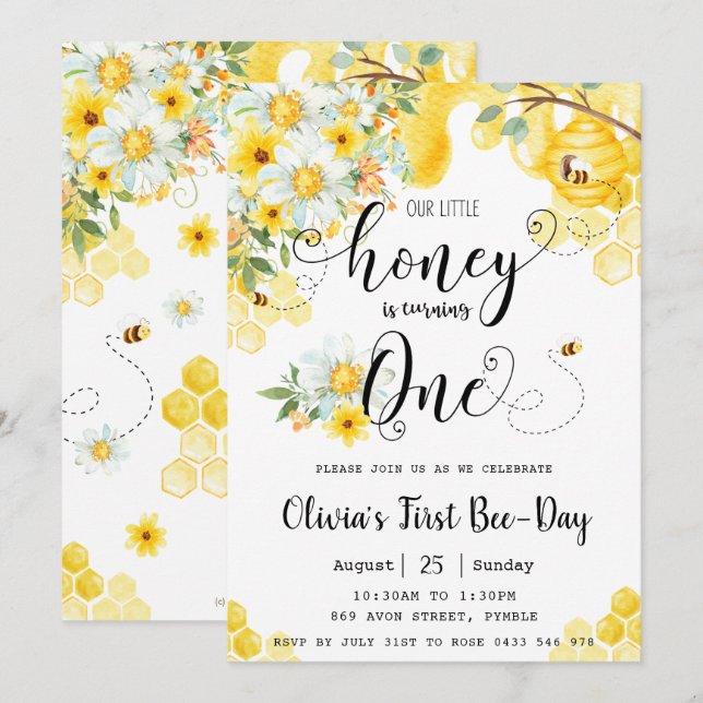 Invitation Notre petit miel est UNE abeille Florale 1er anniv (Devant / Derrière)