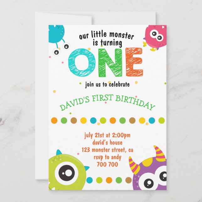 Invitation Notre Petit Monster Baby Boy Premier Anniversaire  (Devant)
