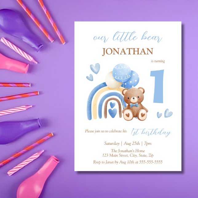 Invitation Notre petit ours Ballotte arc-en-ciel 1er annivers (Créateur téléchargé)