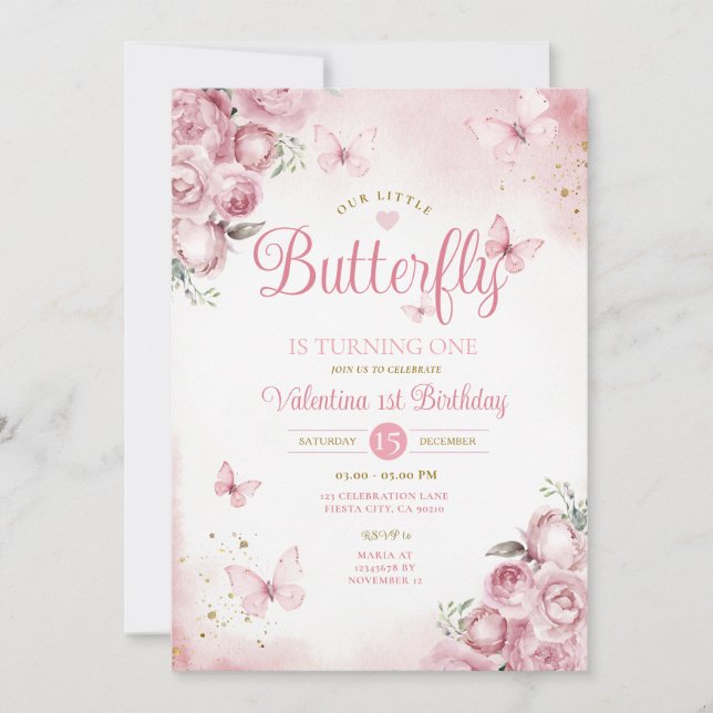 Invitation Notre petit papillon fête son premier anniversaire (Devant)