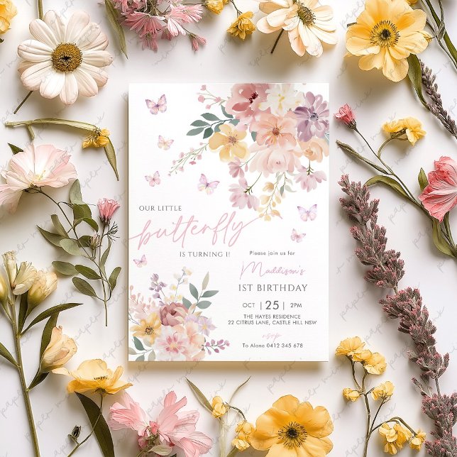 Invitation Notre Petit Papillon Floral 1er Anniversaire (Little butterfly 1st birthday. Floral butterfly birthday invitation)