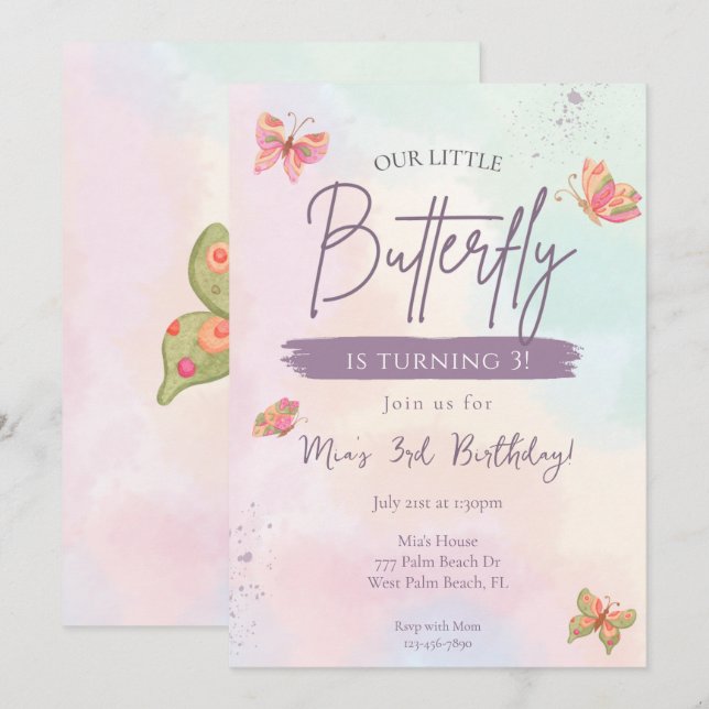 Invitation Notre Petit Papillon Pastel Butterfly Anniversaire (Devant / Derrière)