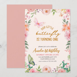 Invitation Notre petit papillon rose fleurie fille 1er annive