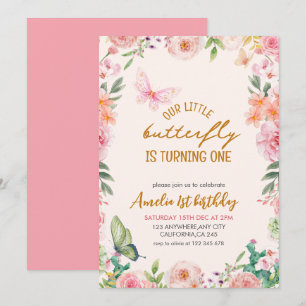 Invitation Notre petit papillon rose fleurie fille 1er annive