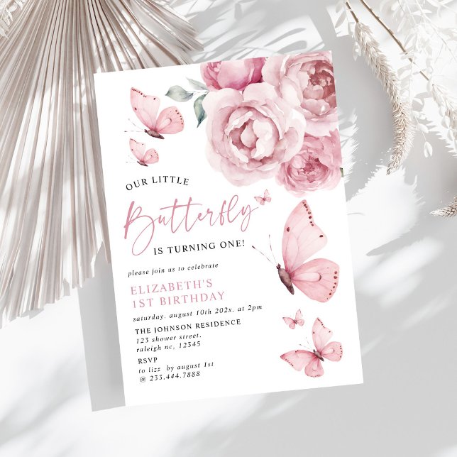 Invitation Notre petit papillon rose Roses 1er anniversaire (Créateur téléchargé)
