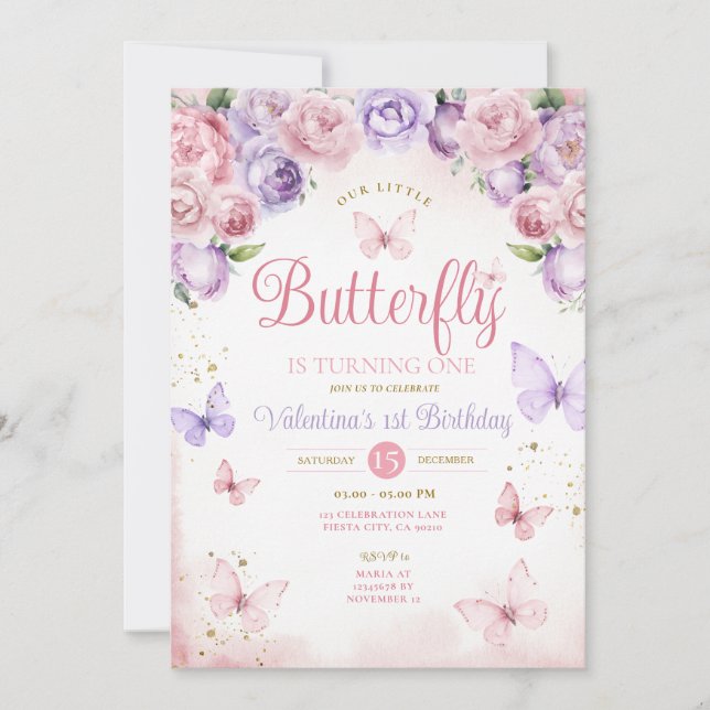 Invitation Notre petit papillon Violet Rose fête son premier  (Devant)