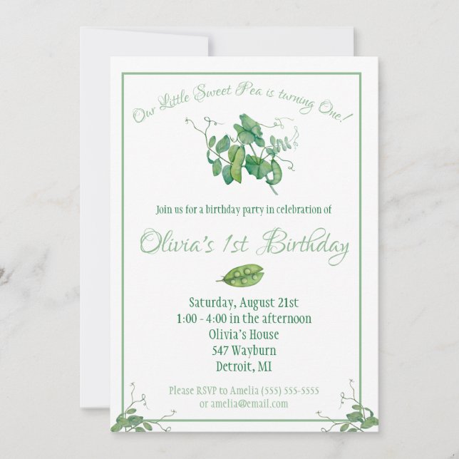 Invitation Notre Petit Pois Doux fête d'anniversaire (Devant)