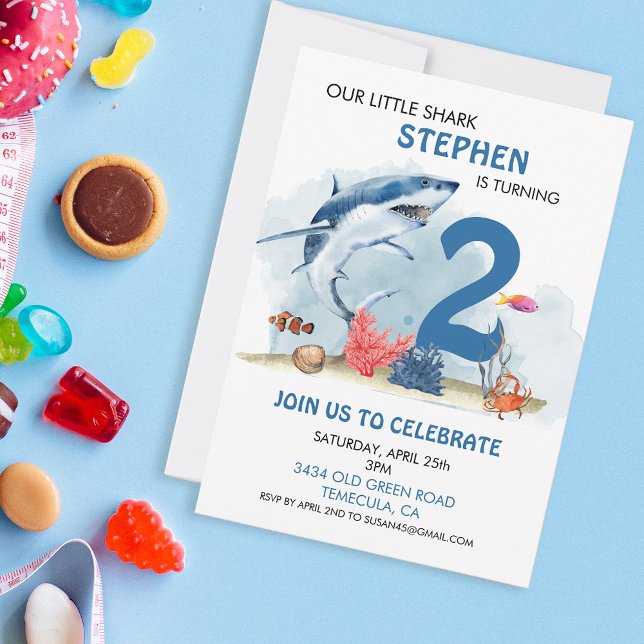 Invitation Notre petit requin Anniversaire avec l'âge Aquarel (Créateur téléchargé)