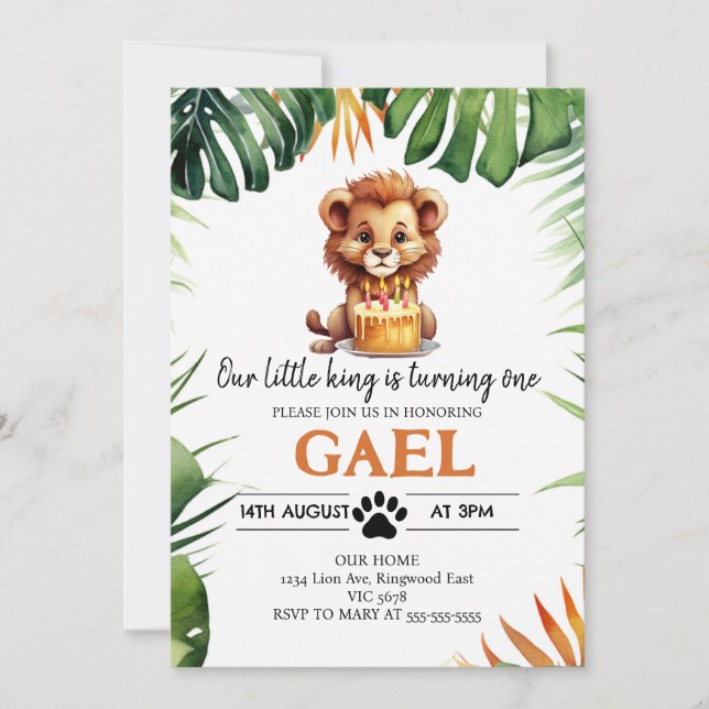 Invitation Notre petit roi Lion Couronne 1er anniversaire (Devant)