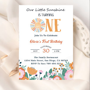 Invitation Notre petit soleil 1er anniversaire Boho Floral