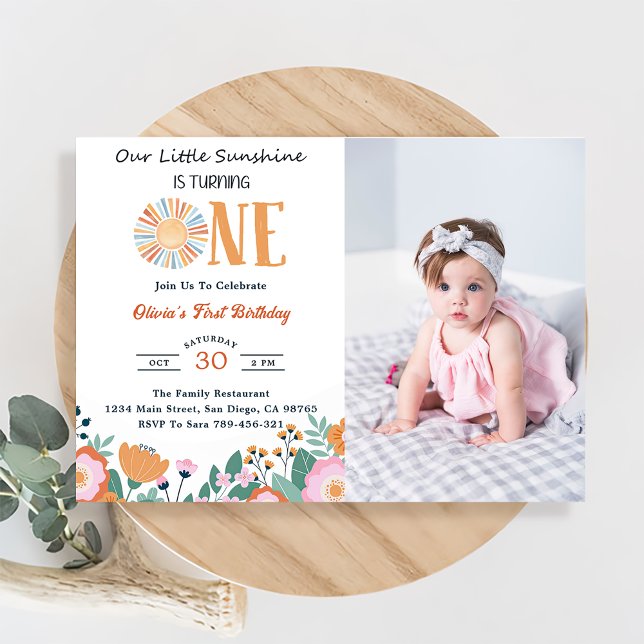 Invitation Notre Petit Soleil 1er Anniversaire Boho Floral Ph (Créateur téléchargé)