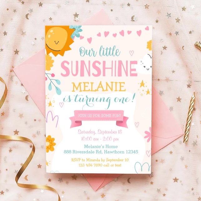 Invitation Notre Petit Soleil Cute Rose Girl Premier Annivers (Créateur téléchargé)