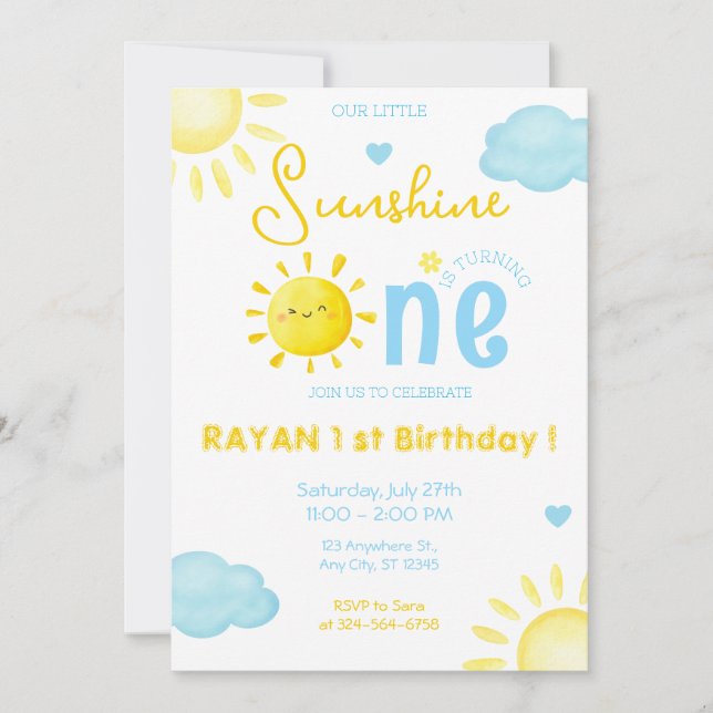 Invitation Notre Petit Soleil Garçon Bleu 1er Soleil Annivers (Devant)