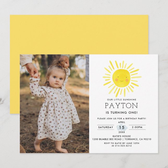 Invitation Notre petit soleil soleil 1er anniversaire Photo (Devant / Derrière)
