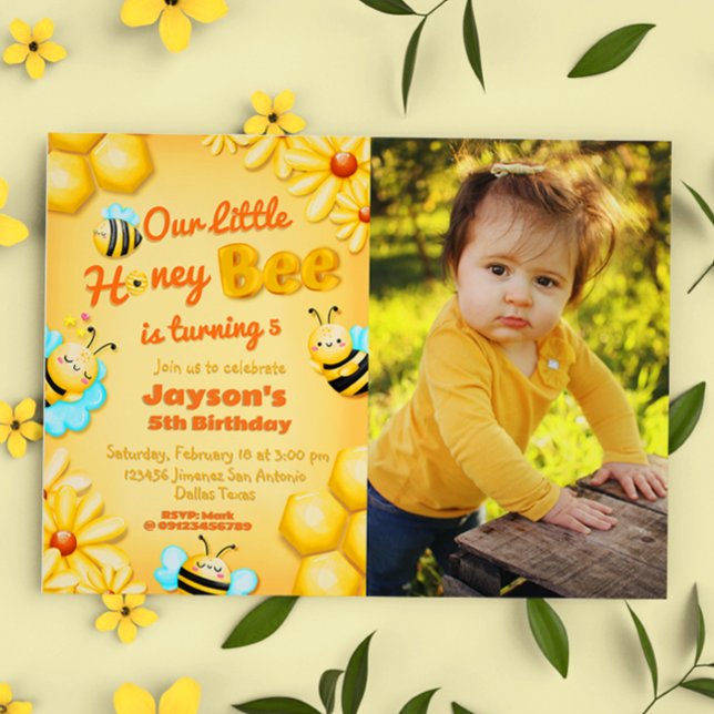 Invitation Notre petite abeille au miel Anniversaire avec pho (Our Little Honey Bee Birthday with Photo Invitation)
