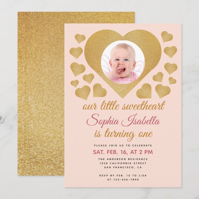 Invitation Notre petite amoureuse Gold Pink Photo 1er anniver (Devant / Derrière)