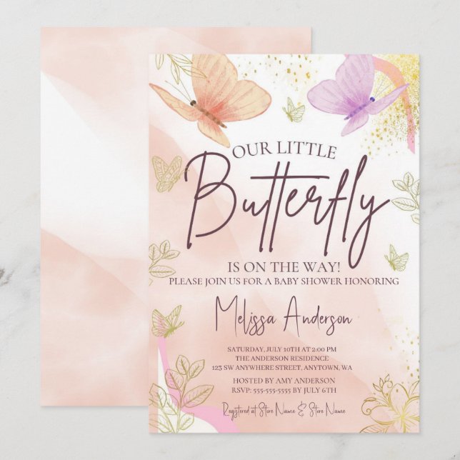 Invitation Notre Petite Aquarelle Papillon Pink Purple Gold (Devant / Derrière)