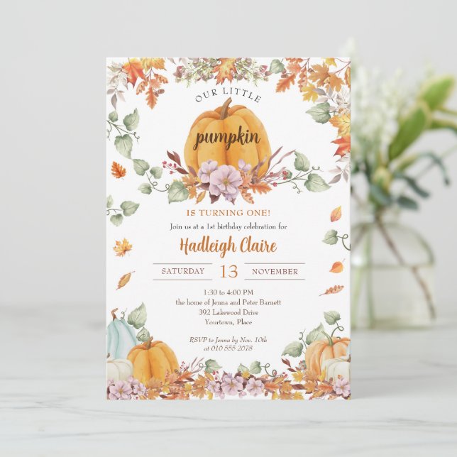 Invitation Notre Petite Citrouille fête d'anniversaire (Debout devant)