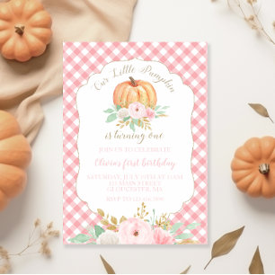 Invitation Notre petite citrouille florale et à carreaux rose