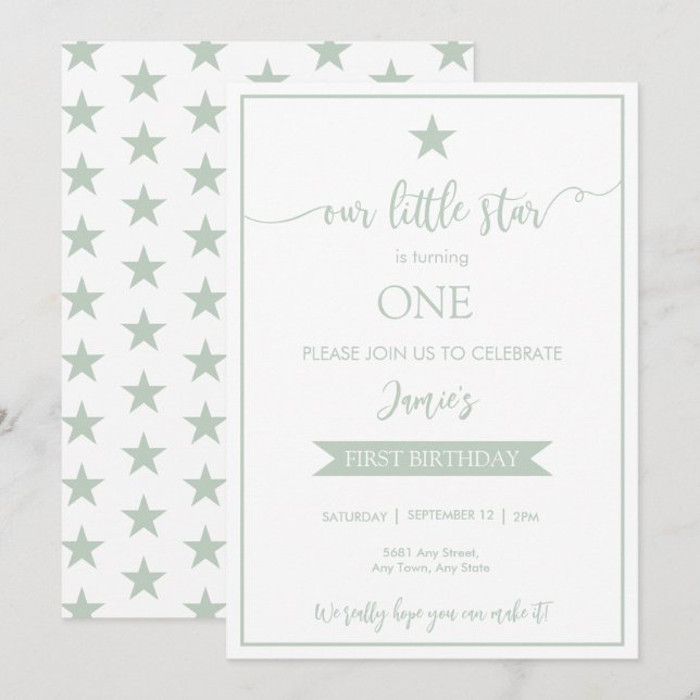 Invitation Notre petite étoile Anniversaire Appartement Sage  (Devant / Derrière)