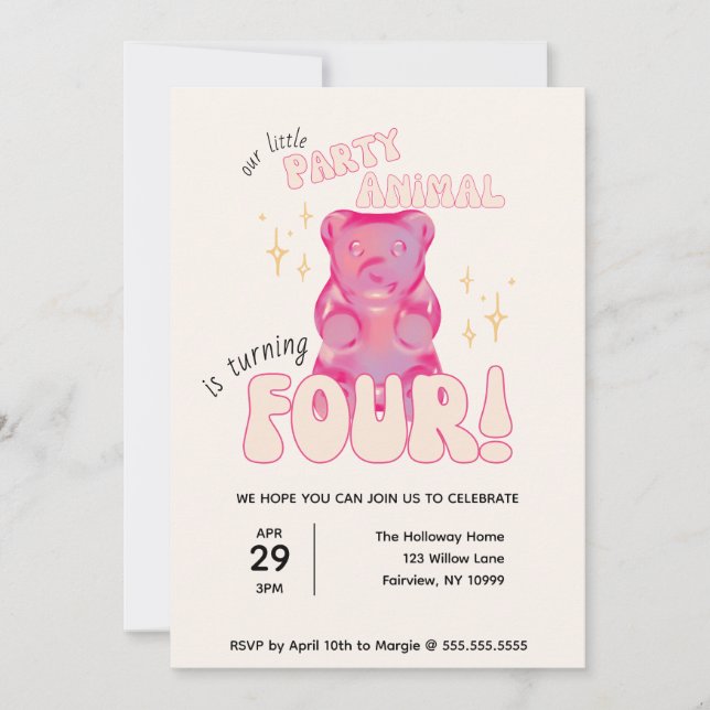Invitation Notre petite fête Animal Gummy Bear 4e anniversair (Devant)