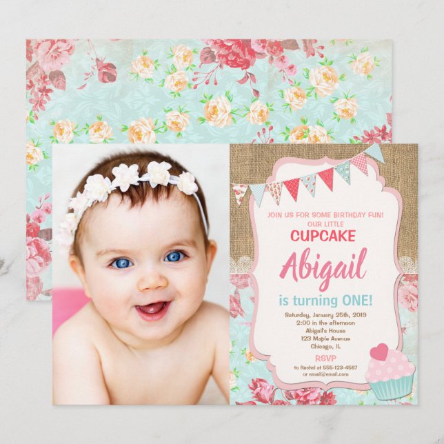 Invitation Notre petite fille d'anniversaire Cupcake 1ère pho (Devant / Derrière)