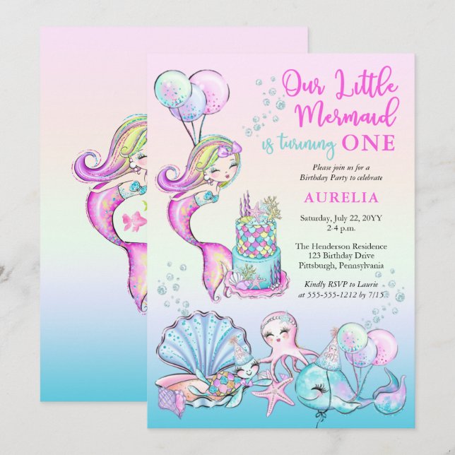 Invitation Notre petite fille de sirène 1ère fête d'anniversa (Devant / Derrière)