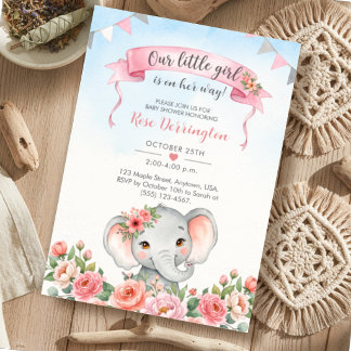 Invitation Notre petite fille éléphant floral Baby Shower