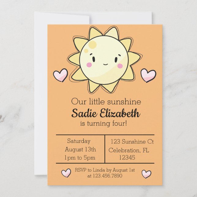 Invitation Notre Petite Fille Soleil Orange Anniversaire (Devant)