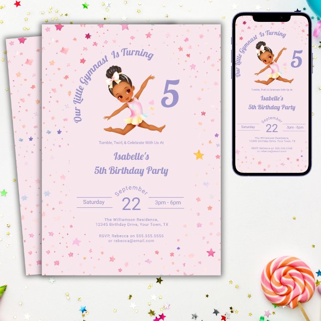 Invitation Notre Petite Gymnaste Fait 5 Anniversaires Roses (Créateur téléchargé)
