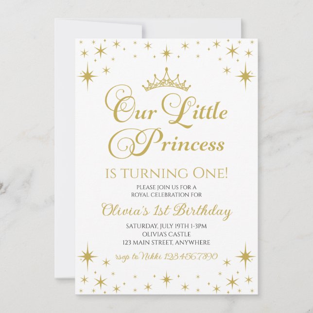 Invitation Notre Petite Princesse Royale d'or et Bleue Annive (Devant)