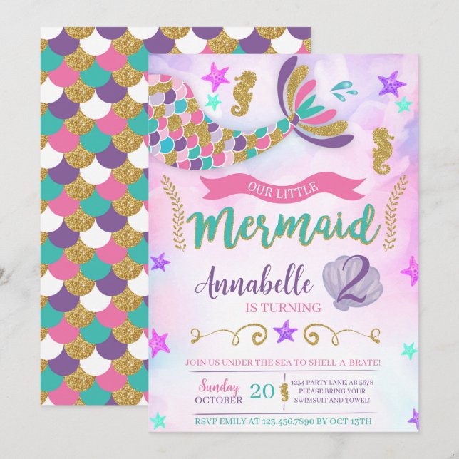 Invitation Notre Petite Sirène Anniversaire (Devant / Derrière)