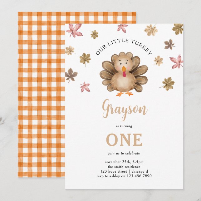 Invitation Notre petite Turquie tombent Thanksgiving 1er anni (Devant / Derrière)