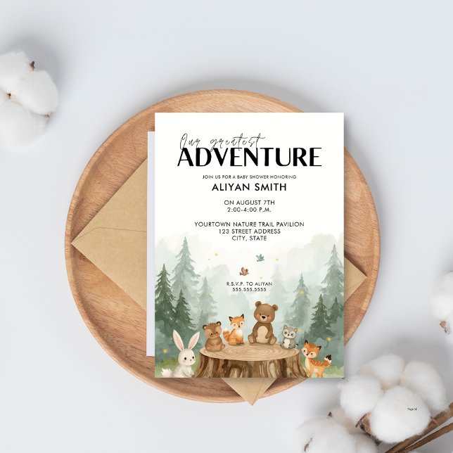 Invitation Notre plus grande aventure Baby shower boisé migno (Créateur téléchargé)