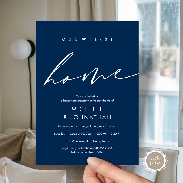Invitation Notre première maison, fête du réchauffement clima (Our first home, Housewarming party celebration Invitation Card, in Navy Blue)