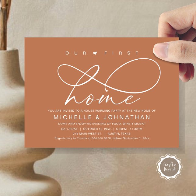 Invitation Notre première maison, Fête du réchauffement de la (Our First Home, New Housewarming Party Invitation Card, PDF, Modern Romantic Script, Copper Rust)