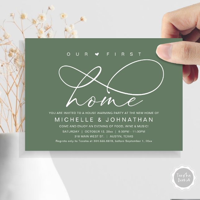 Invitation Notre première maison, Fête du réchauffement de la (Our First Home, New Housewarming Party Invitation Card, PDF, Modern Romantic Script, Sage Green)