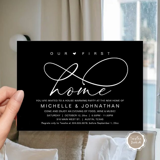 Invitation Notre première maison, Fête du réchauffement de la (Our First Home, New Housewarming Party Invitation Card, PDF, Modern Romantic Script, Classy Black)