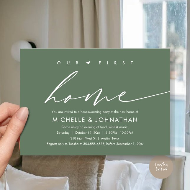 Invitation Notre première nouvelle maison, Fête de la Fête du (Our First New Home, Housewarming Party Celebration Invitation Card, PDF, in Forest Sage Green)