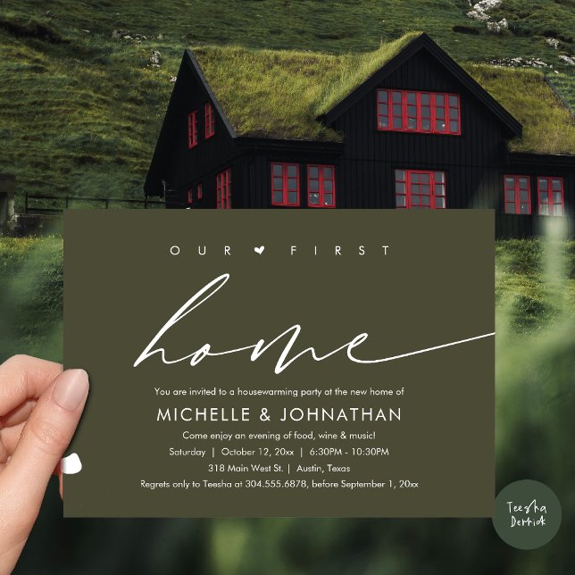 Invitation Notre première nouvelle maison, Fête de la Fête du (Our First New Home, Housewarming Party Celebration Invitation Card, PDF, in Olive Green)