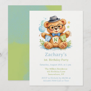 Invitation Nounours avec Banderole UNIQUE 1er Anniversaire