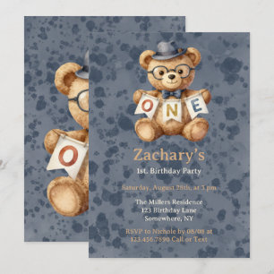 Invitation Nounours avec Banderole UNIQUE Fête de 1er Anniver
